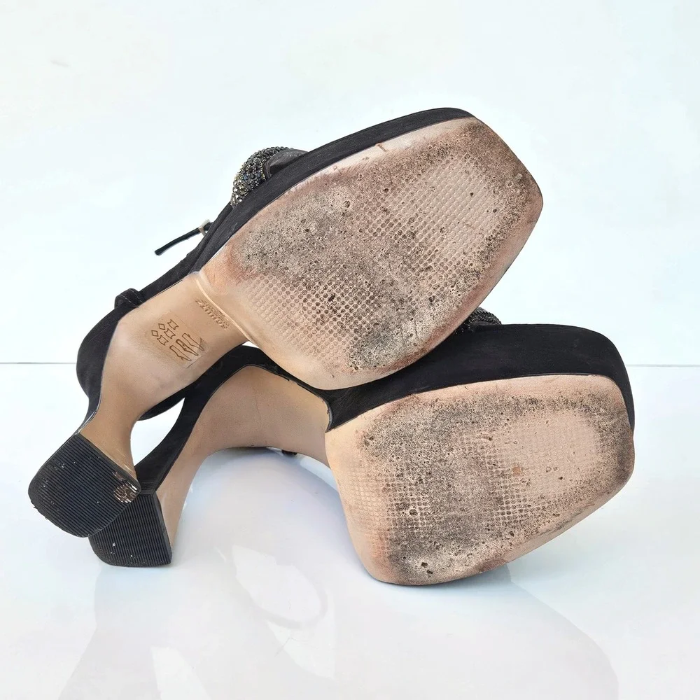 Schutz Peaky Black Suede Rhinestone Transparent Platform Sandal Heels Womens 7.5